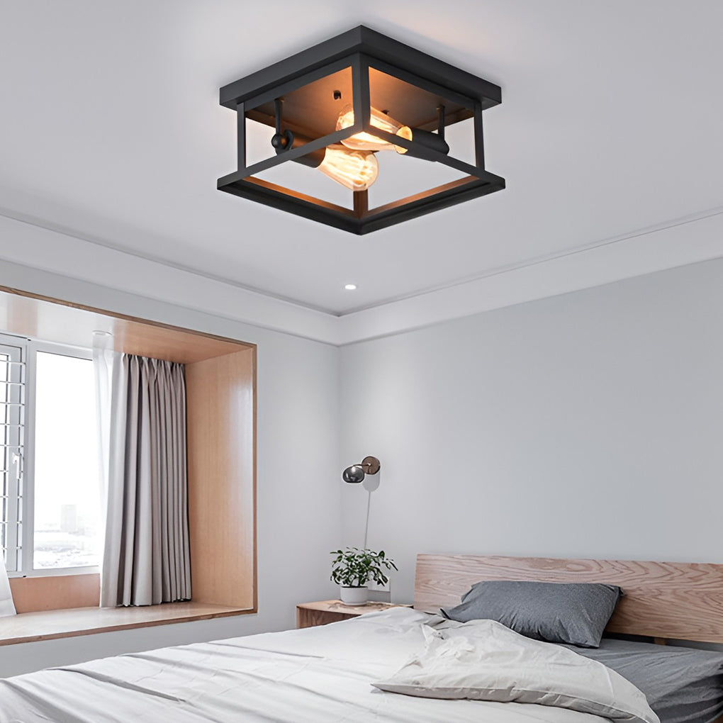 Square Industrial Flush Mount Ceiling Light – Black Metal Frame