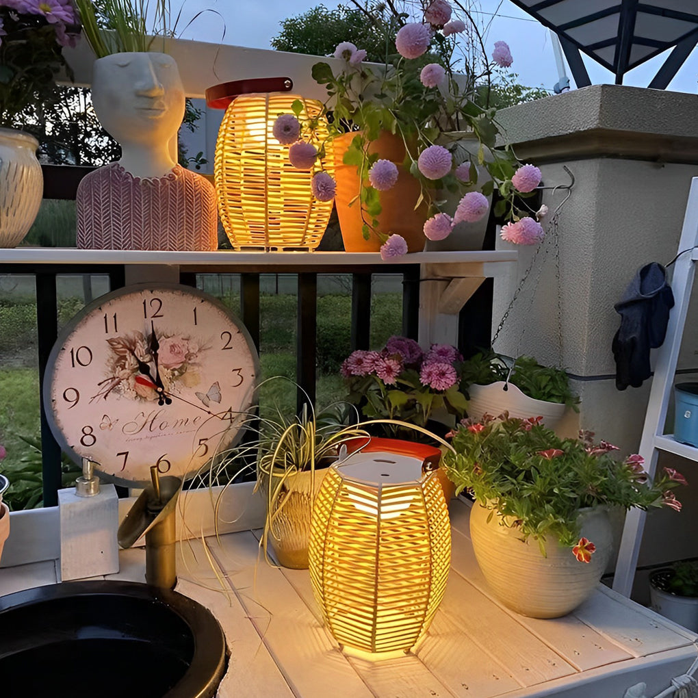 Portable Rattan Solar Lantern Waterproof LED Outdoor Floor Lamp
