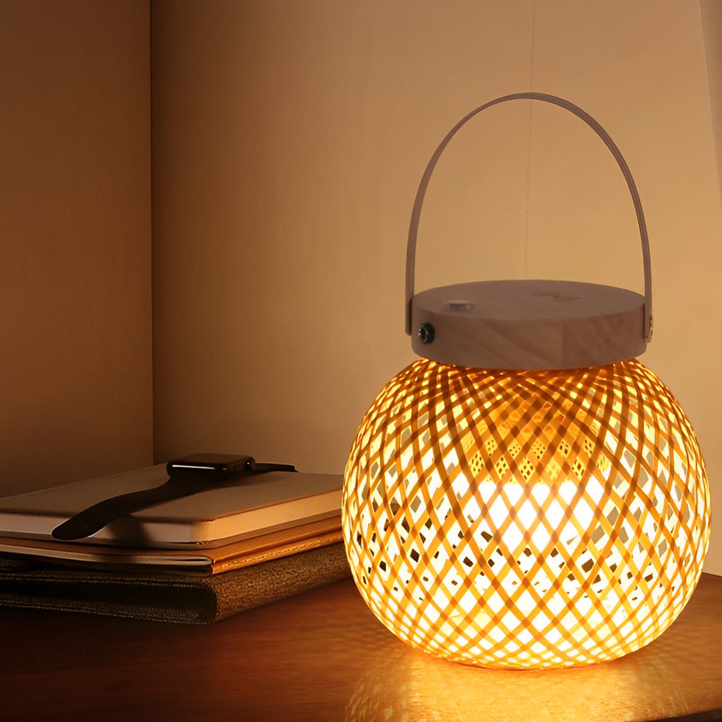 Rustic Woven Bamboo Portable Lantern Table Lamp with Handle