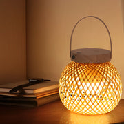 Rustic Woven Bamboo Portable Lantern Table Lamp with Handle