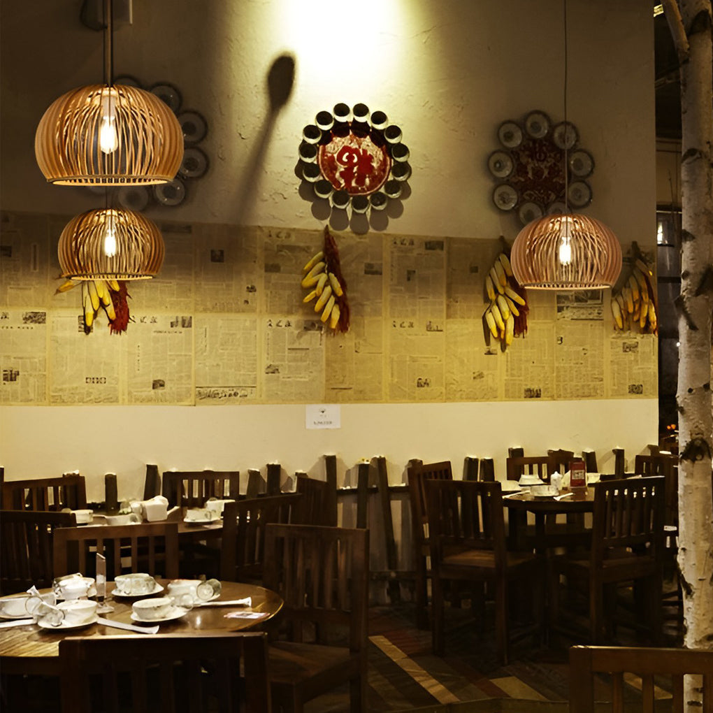 Wood Lantern Pendant Light - Nordic Semi-Circle Design