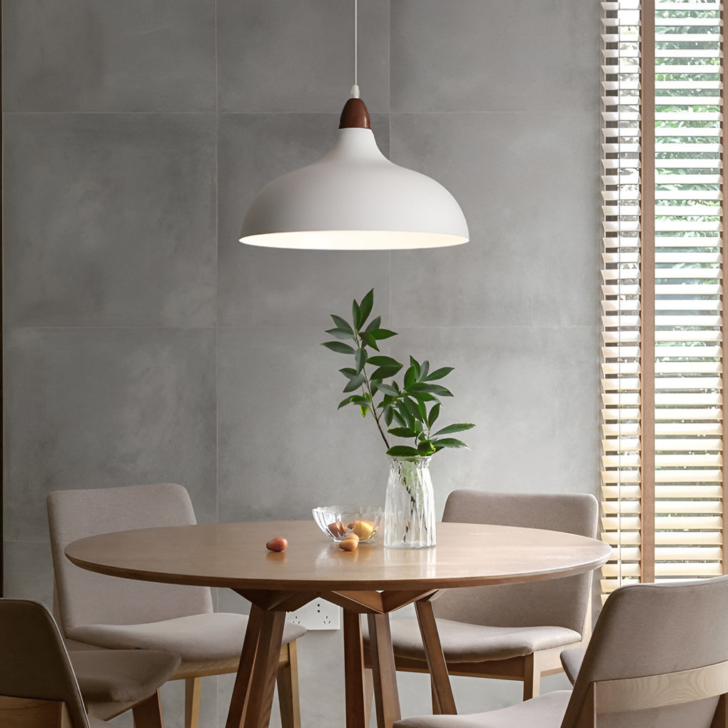 Modern Round Pendant Light with Walnut Accent - White Metal 12W