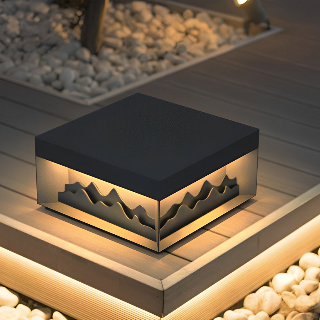 Mountain Scenery Solar LED Fence Post Light - Modern Black Steel