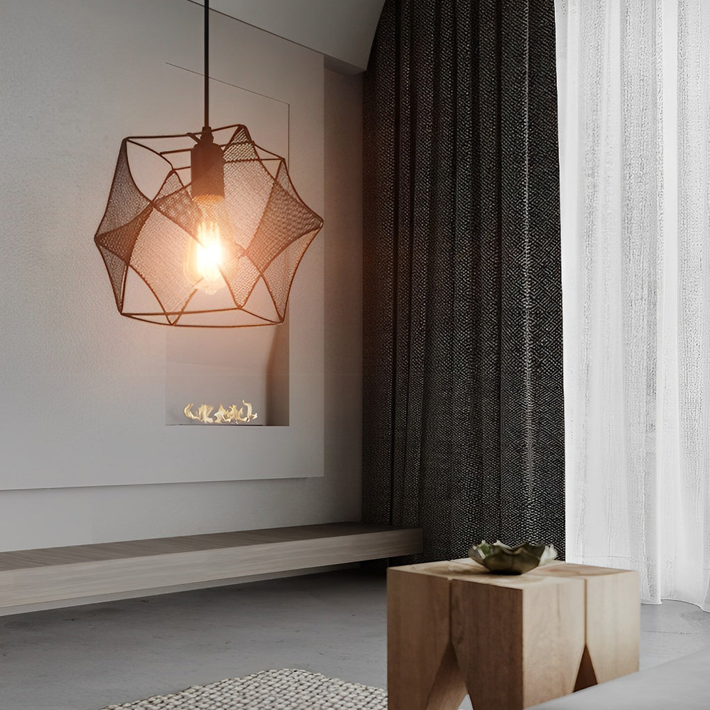 Geometric Iron Mesh Pendant Light – Modern Industrial Black Ceiling