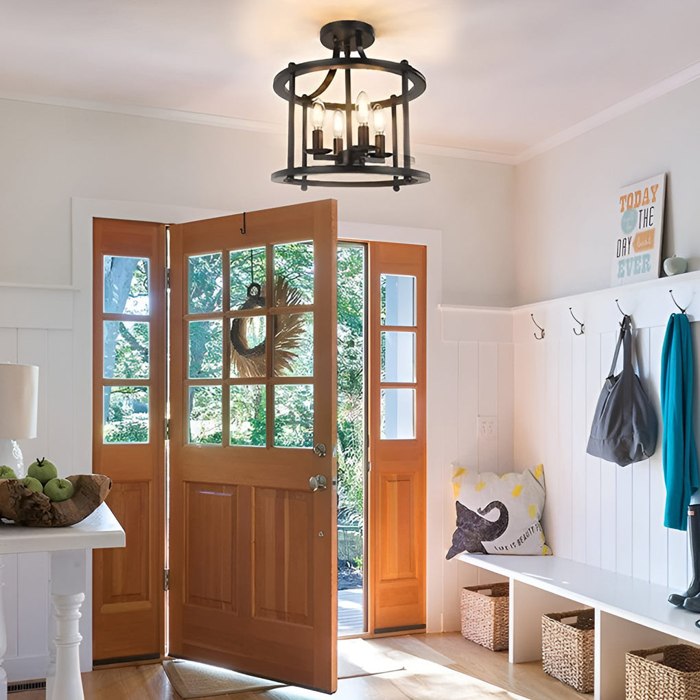 Industrial Metal Lantern Semi-Flush Ceiling Light in Black