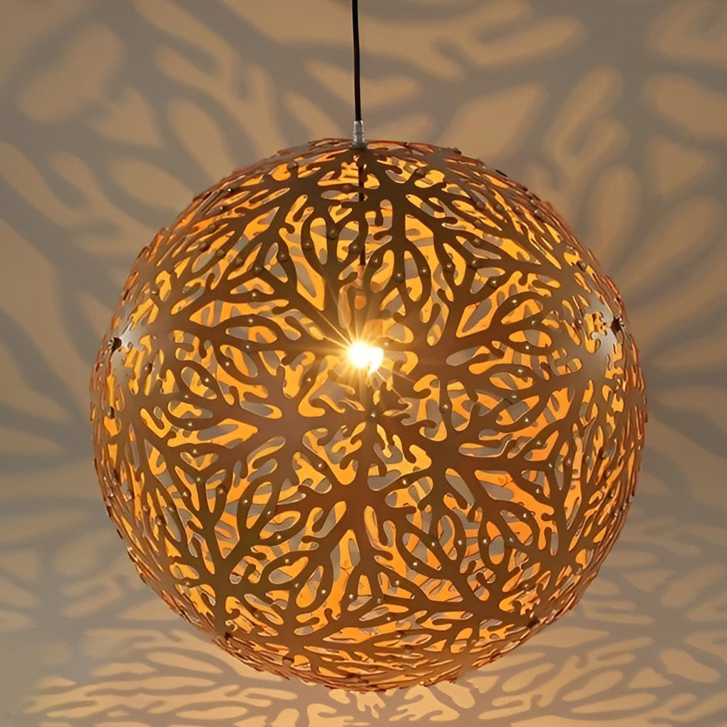 Handmade Hollowed Ball Basswood Pendant Light Modern Chandelier