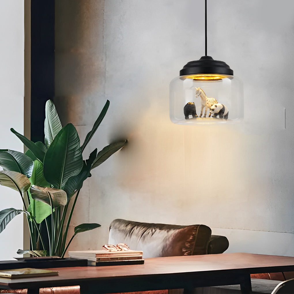 Animal Figurine Glass Jar LED Pendant Light - Modern Black