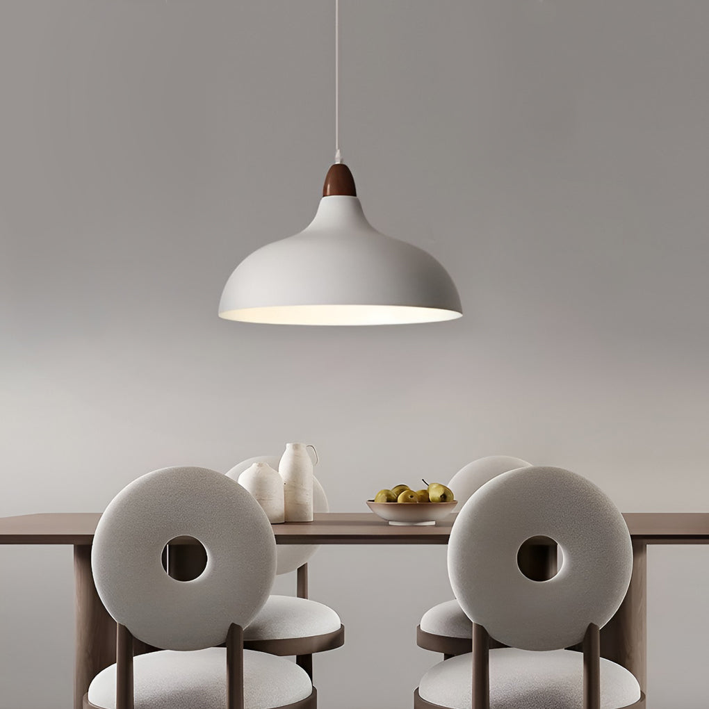 Modern Round Pendant Light with Walnut Accent - White Metal 12W
