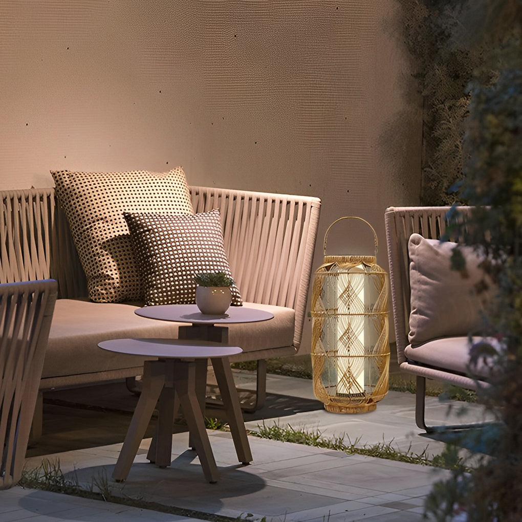 Rattan Solar Floor Lamp with Portable Handle for Outdoor Garden