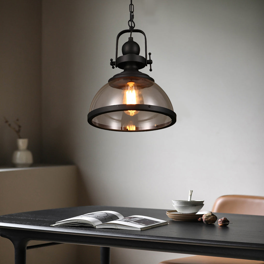 Industrial Glass Bowl Pendant Light Black Iron Ceiling Lamp