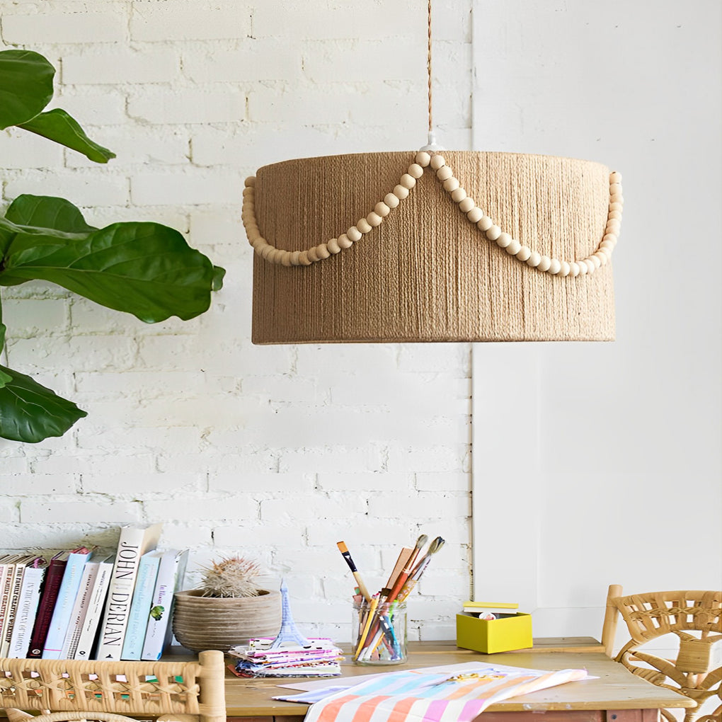 Boho Hemp Rope Pendant Light with Wooden Bead Tassels