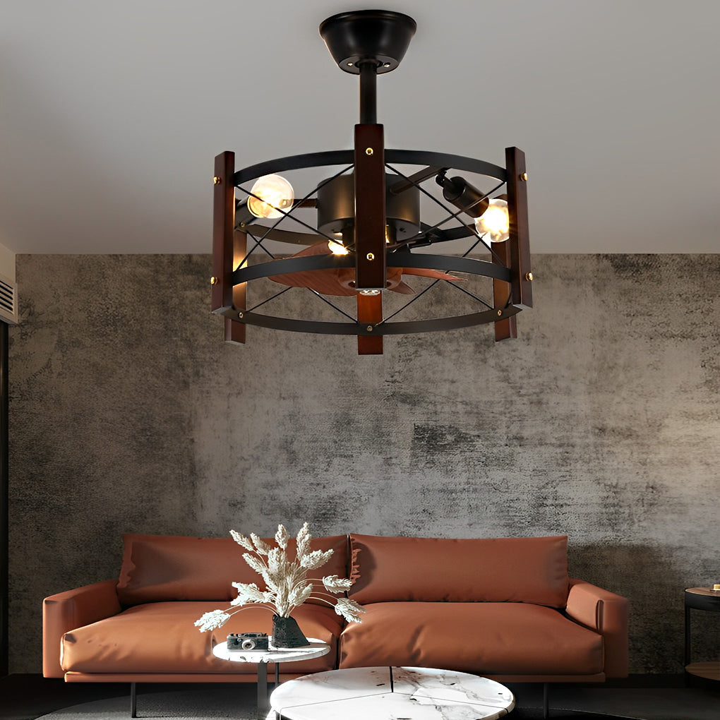 Industrial Caged Ceiling Fan with Light - Black Metal Farmhouse