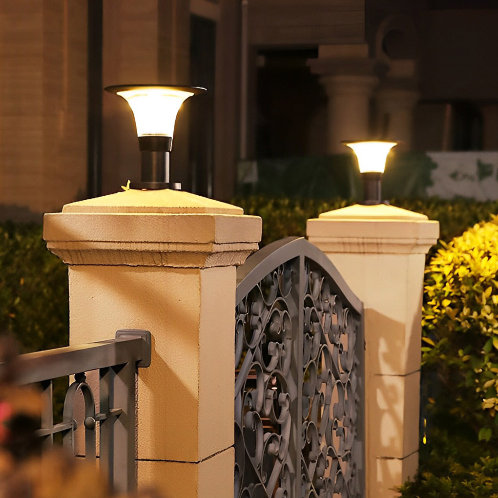 Round Solar Fence Post Light - Modern Black Aluminum Outdoor Pillar