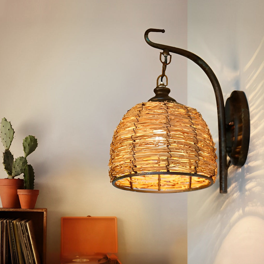 Hand-Woven Rattan Rustic Wall Sconce with Iron Frame