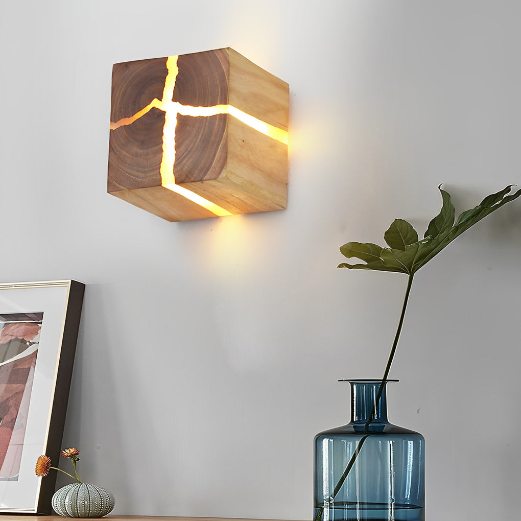 Rustic Wood Grain Square Wall Sconce with Cracked Design