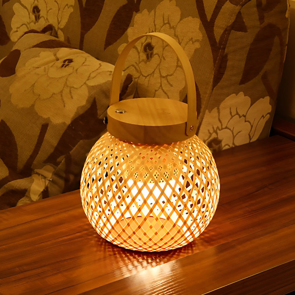 Rustic Woven Bamboo Portable Lantern Table Lamp with Handle