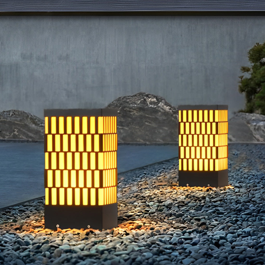 Modern Grid LED Outdoor Bollard Light Black Waterproof Lawn Lamp
