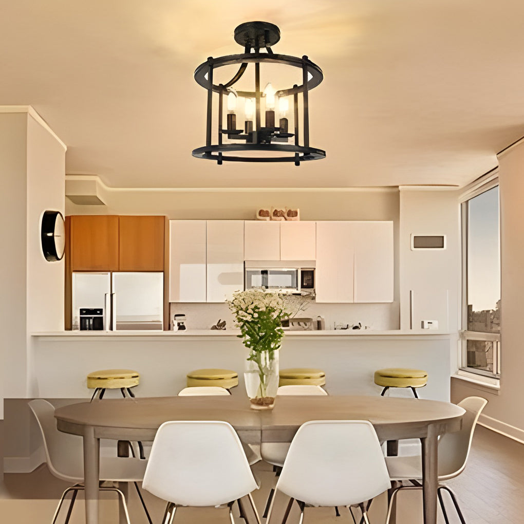 Industrial Metal Lantern Semi-Flush Ceiling Light in Black
