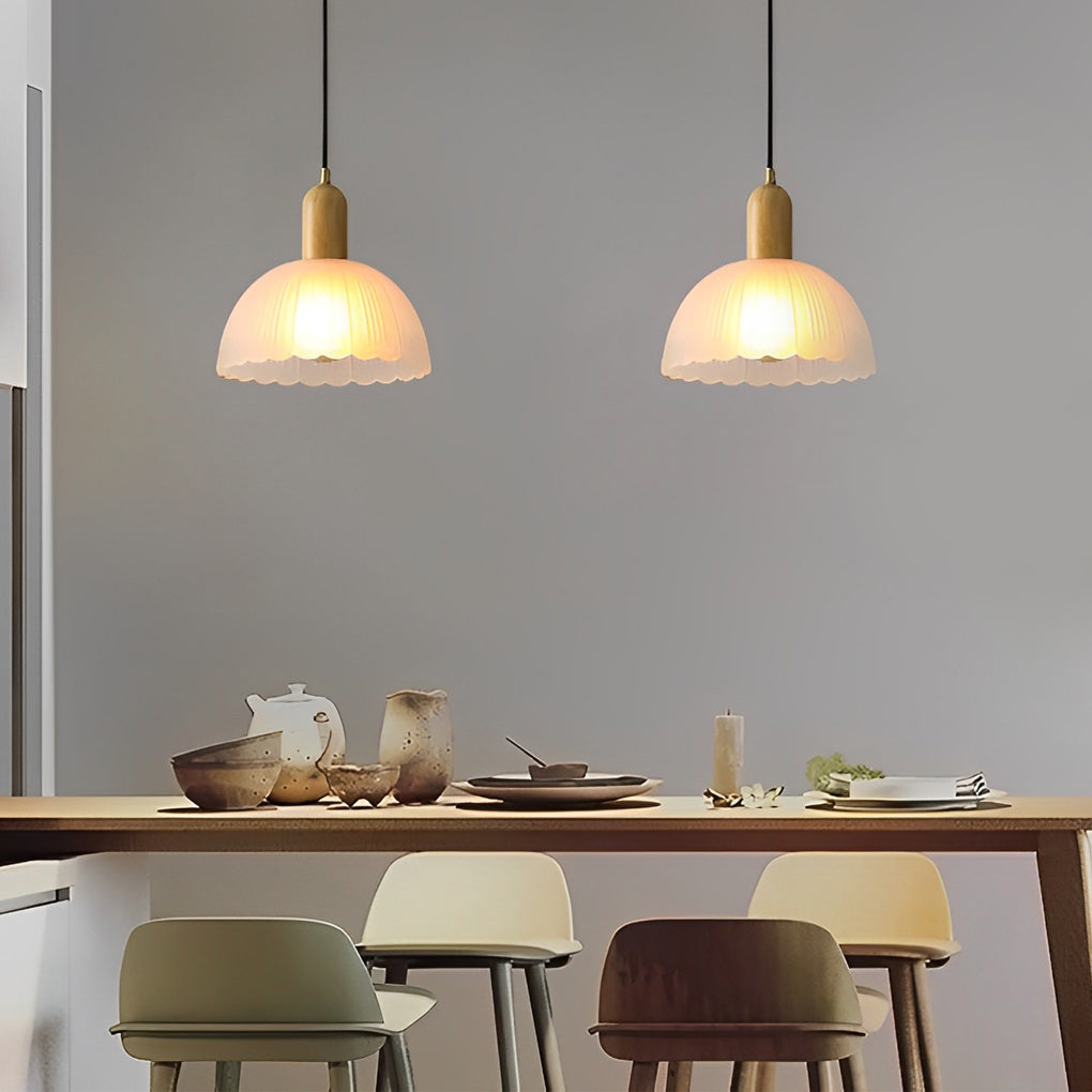 Modern Floral Glass & Wood Pendant Light - Nordic Hanging Lamp