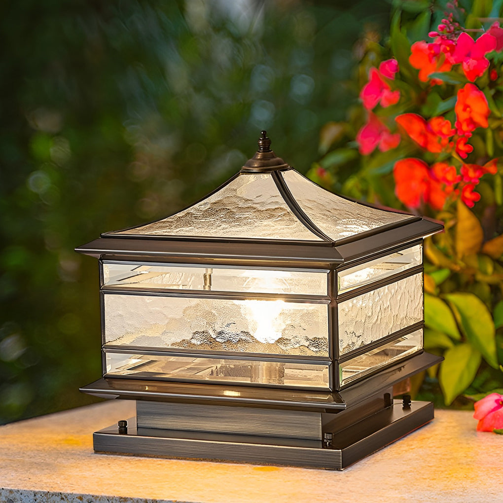 Vintage Copper Post Light with Tempered Glass Shade - Outdoor