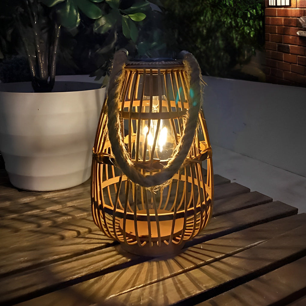 Portable Solar Bamboo Rattan Lantern LED Outdoor Garden Light