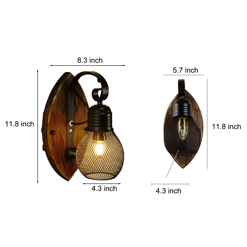Industrial Wood & Iron Mesh Wall Sconce - Black E27 Fixture