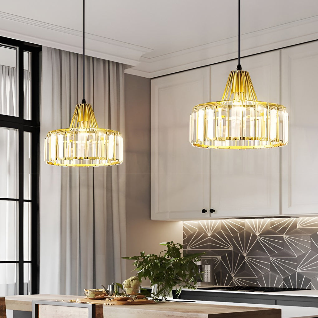 Crystal Drum Chandelier Modern Pendant Light Black Gold Metal