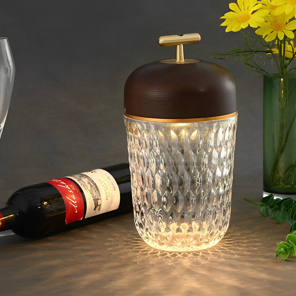 Crystal Glass Cup Table Lamp with Wooden Lid - Rechargeable LED