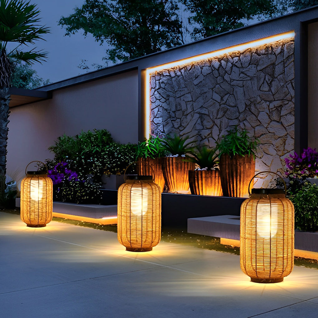 Portable Solar Rattan Lantern LED Outdoor Floor Lamp Waterproof