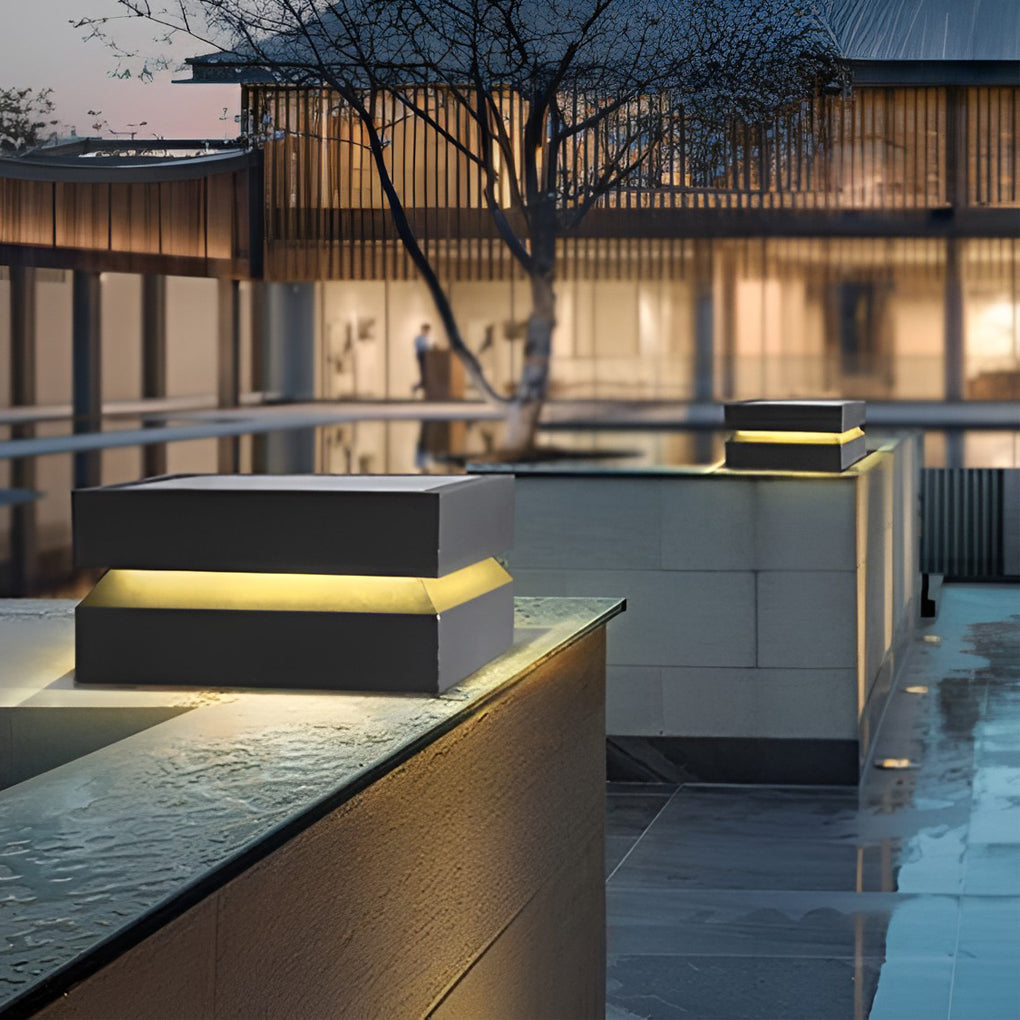 Square LED Solar Post Cap Light - Modern Black Stainless Steel
