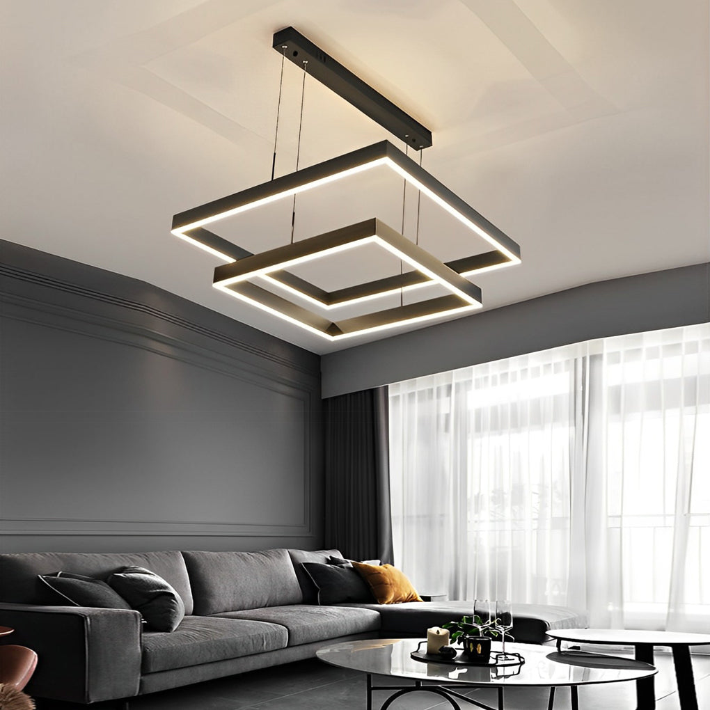 Modern Square LED Chandelier Black Aluminum Dimmable Remote Control