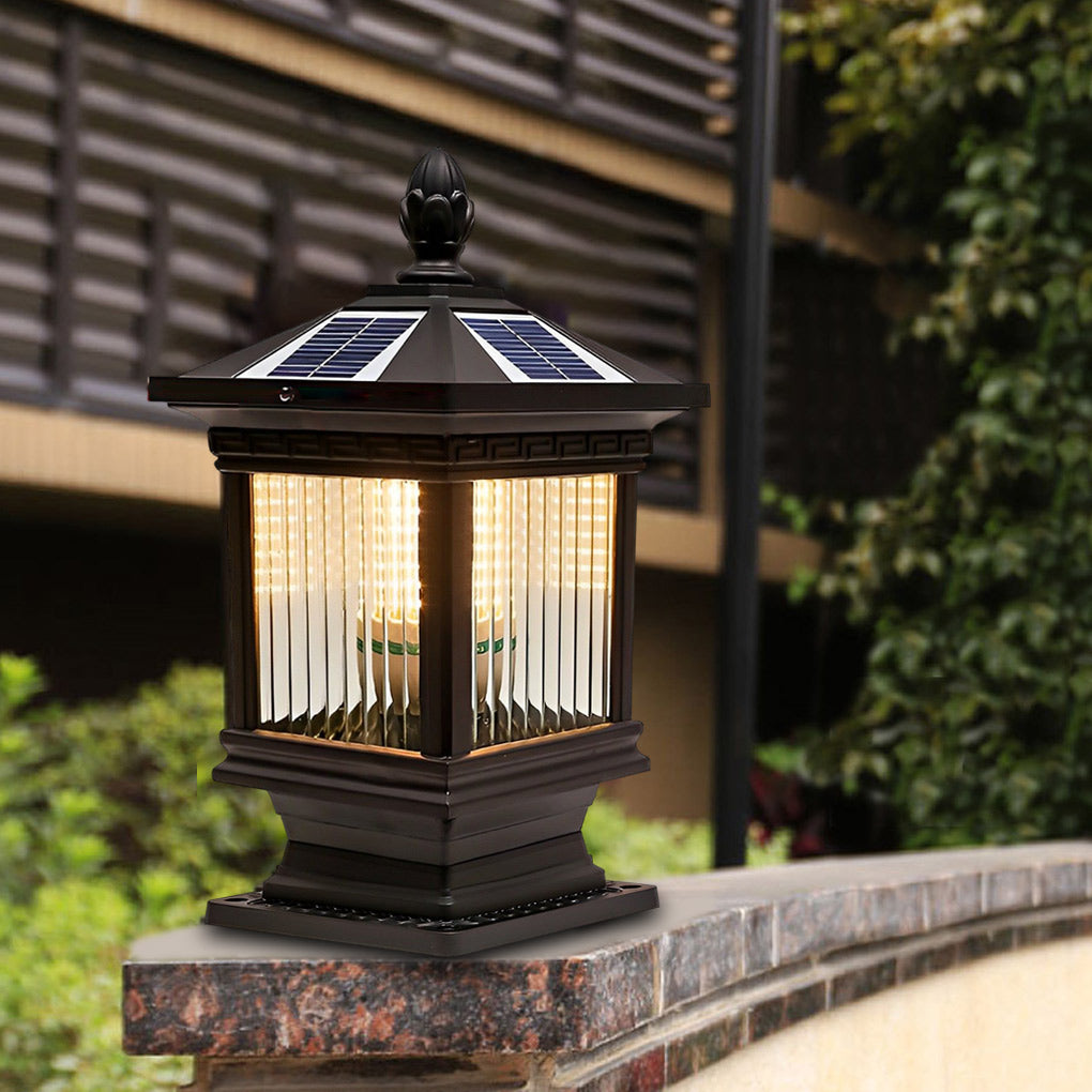 Retro Grille Glass Outdoor Solar Fence Post Light