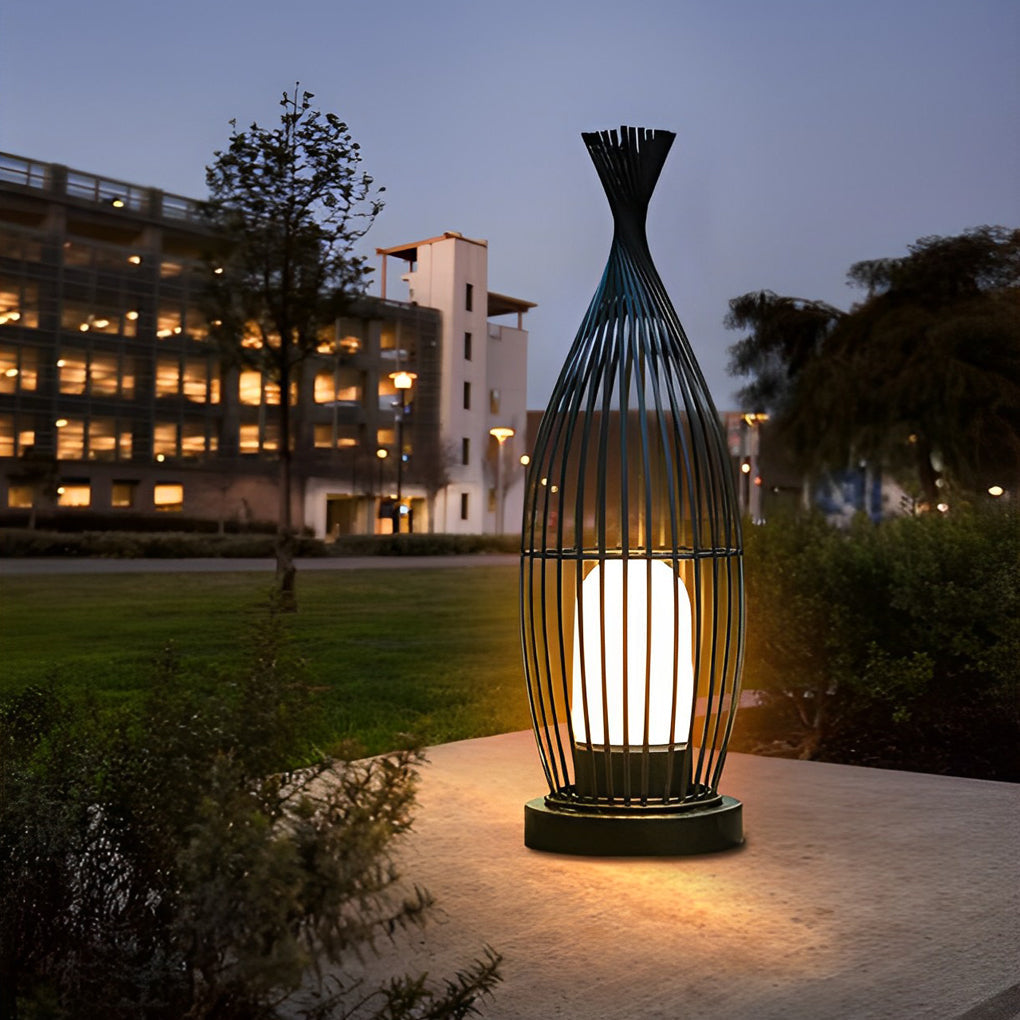 Industrial Caged Outdoor LED Floor Lamp - Waterproof Black Metal