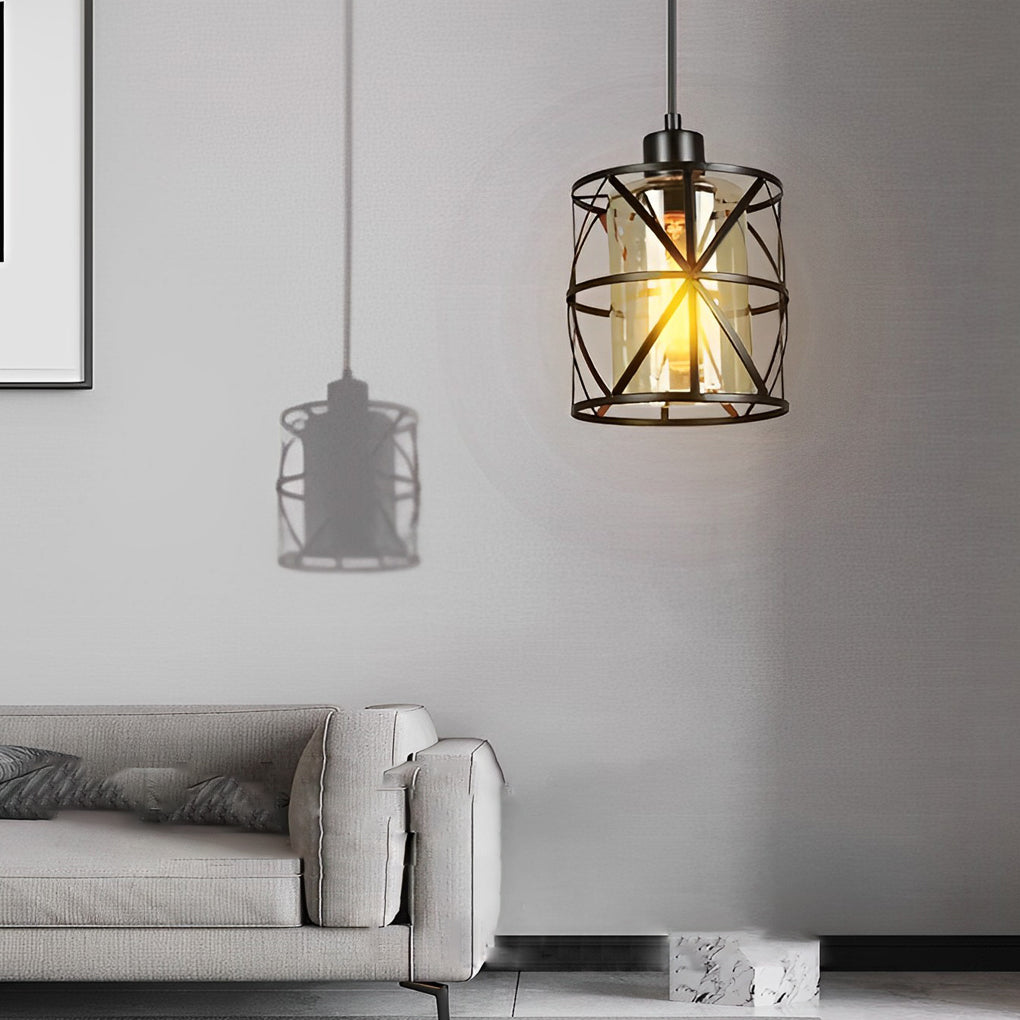 Industrial Black Iron Glass Cage Pendant Light