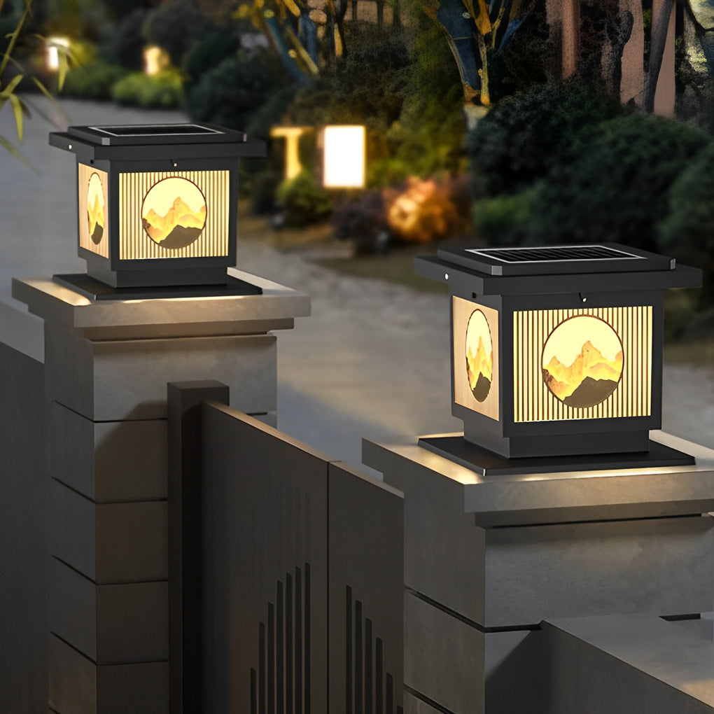 Square Mountain Scenery Solar Post Cap Light - Waterproof Outdoor