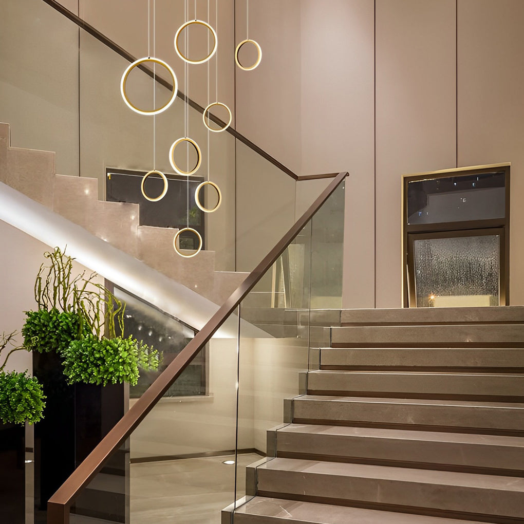 Modern LED Ring Staircase Chandelier - Aluminum & Acrylic Gold