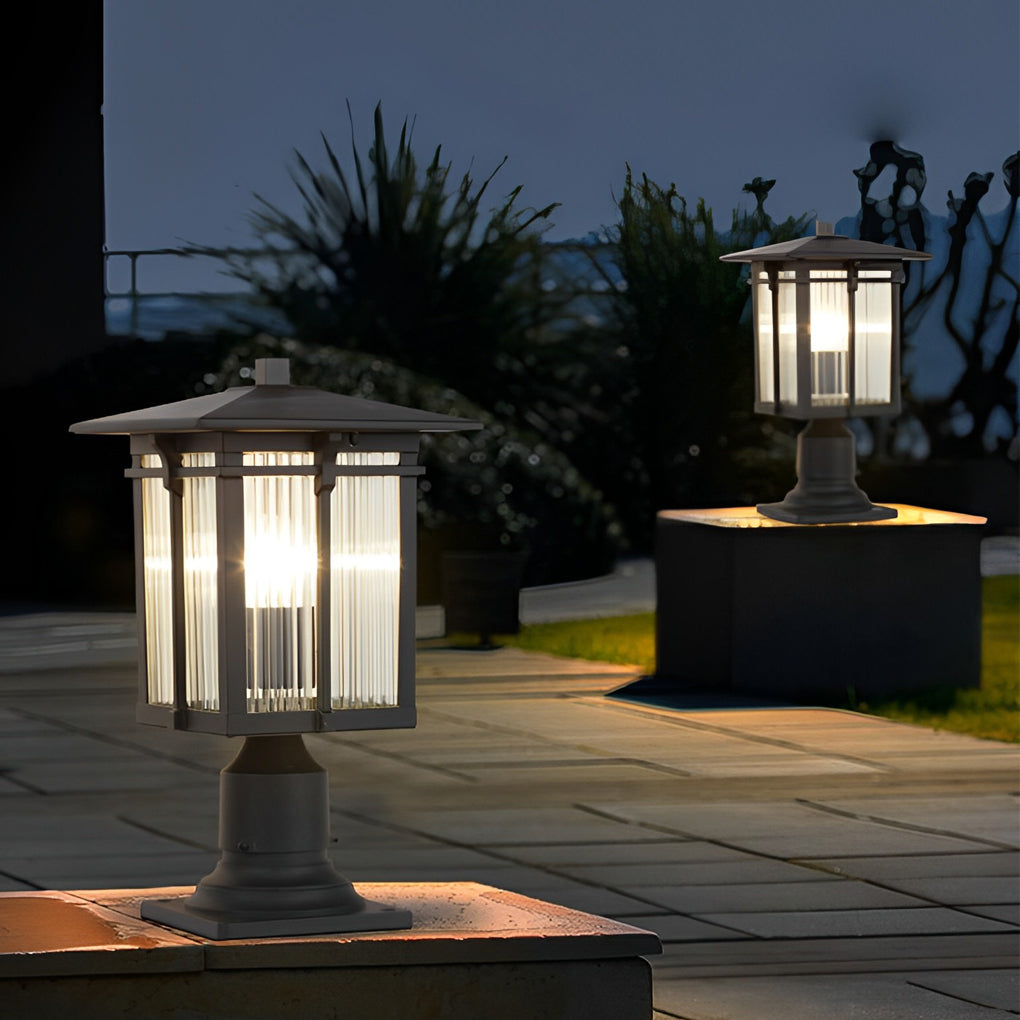 Striped Glass Shade Modern Outdoor Post Light Black Aluminum