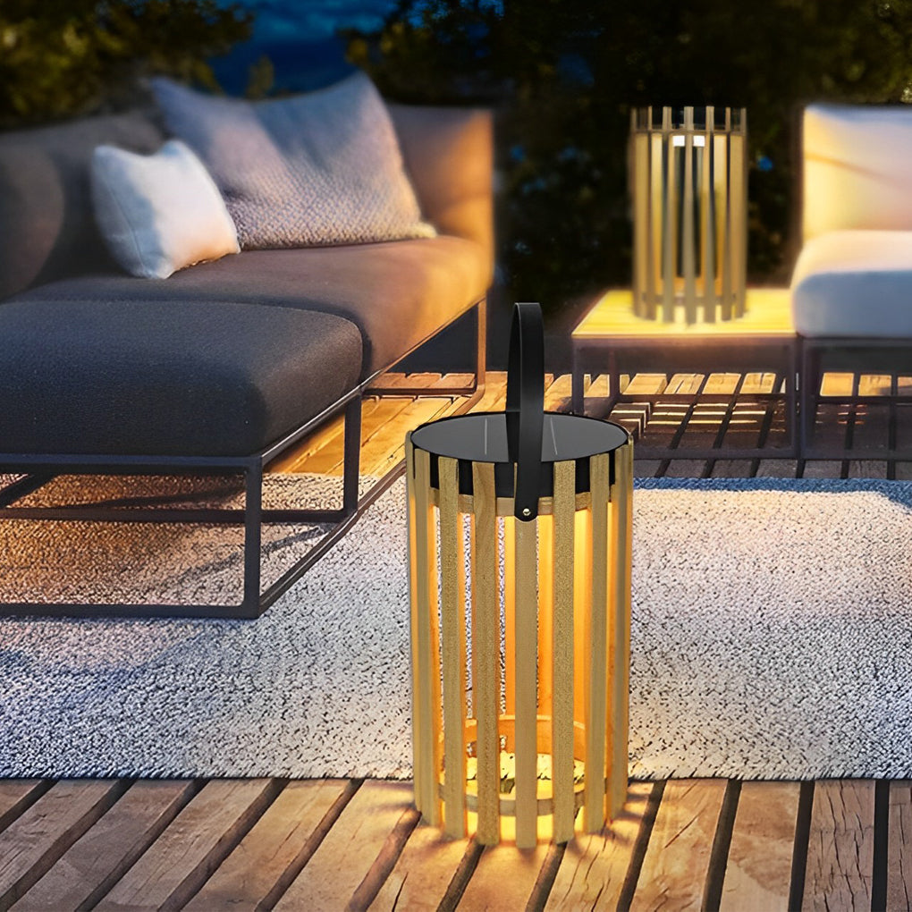 Solar Wooden Lantern Floor Lamp with Aluminum Handle - Waterproof