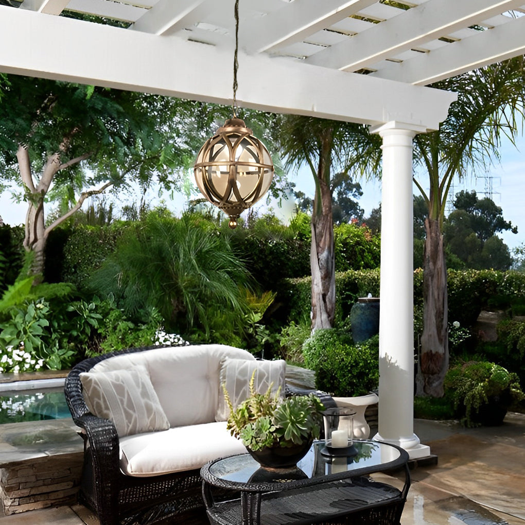 Retro Aluminum Glass Ball Pendant Outdoor Ceiling Light