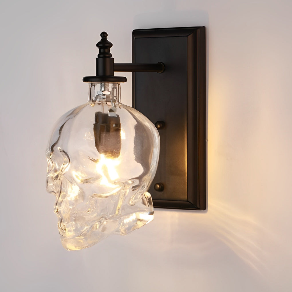 Skull Head Glass Wall Sconce – Industrial Black Iron LED Lamp