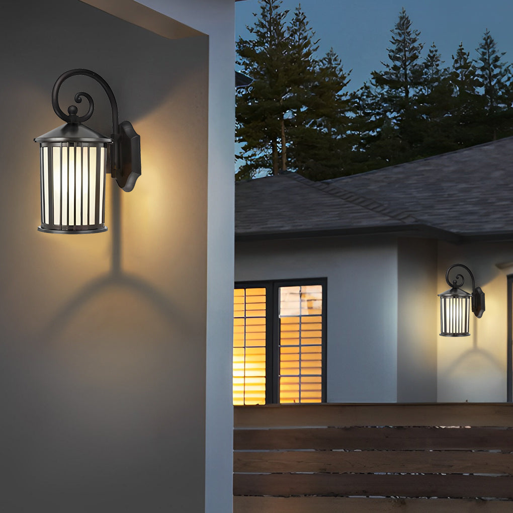 Black Aluminum Outdoor Wall Light with Striped Glass Shade