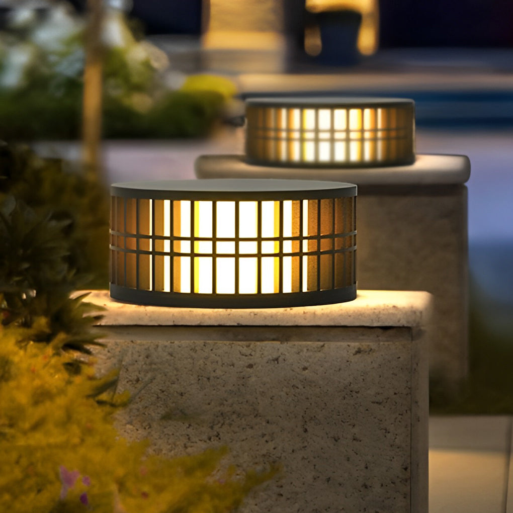 Modern Round Solar LED Outdoor Post Light - Black Stainless Steel