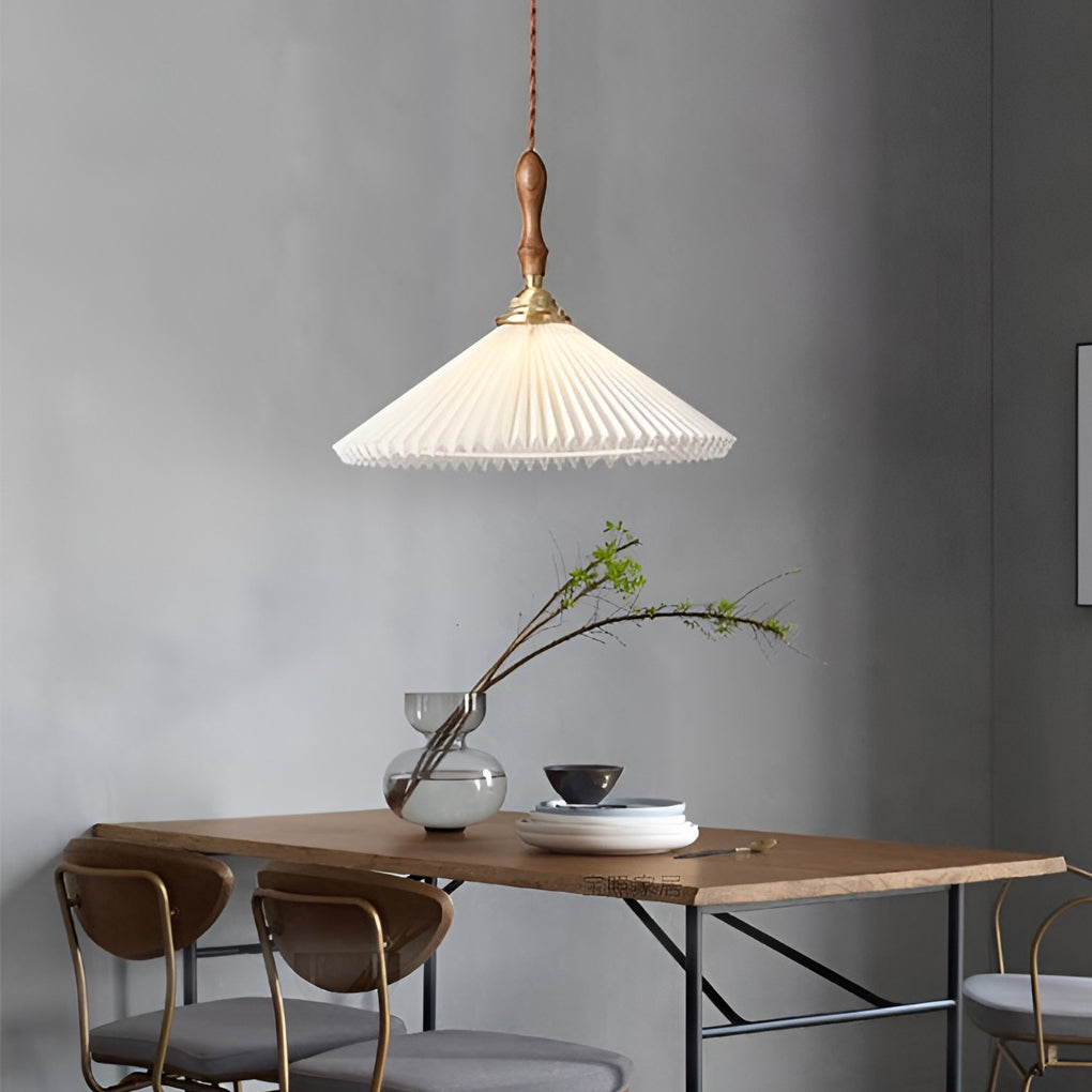 Nordic Pleated Pendant Light with Walnut Wood and Copper Accent