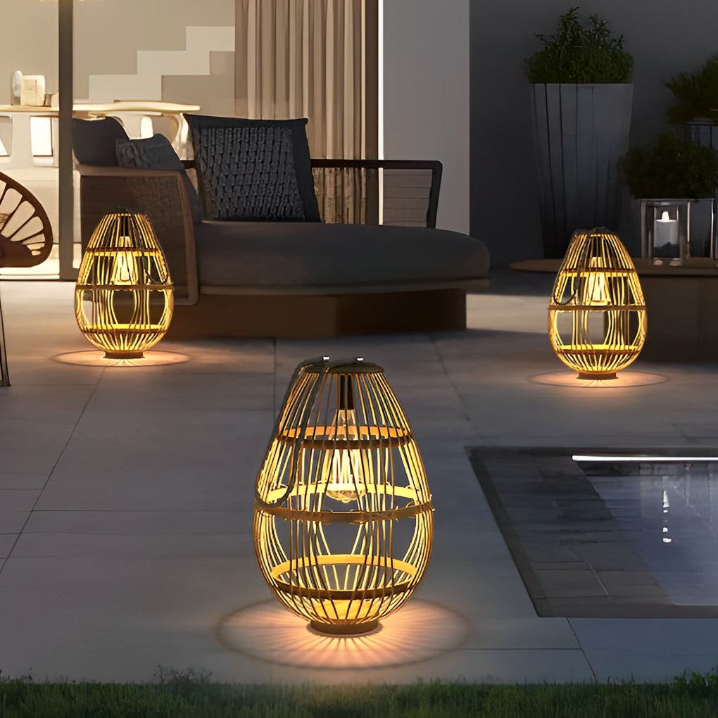 Solar Rattan Wood Portable LED Outdoor Lantern Lamp