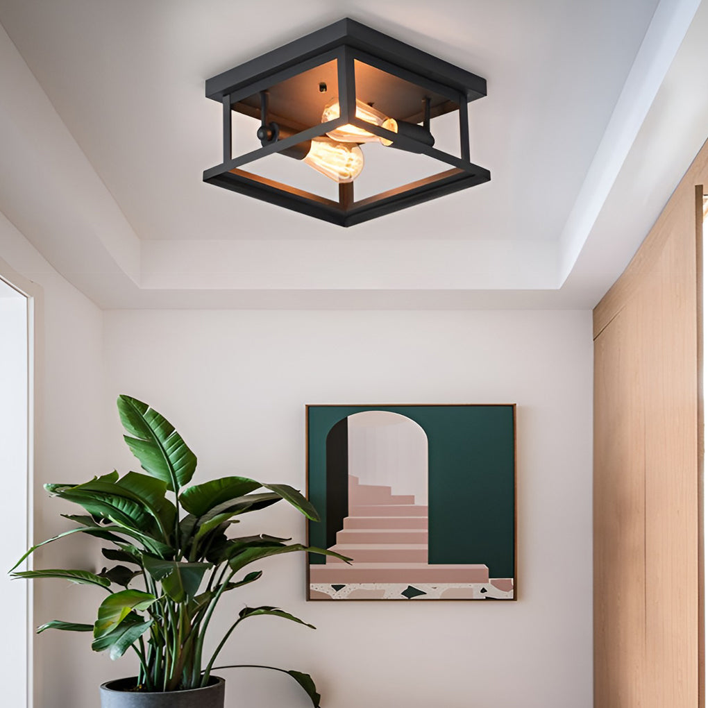 Square Industrial Flush Mount Ceiling Light – Black Metal Frame
