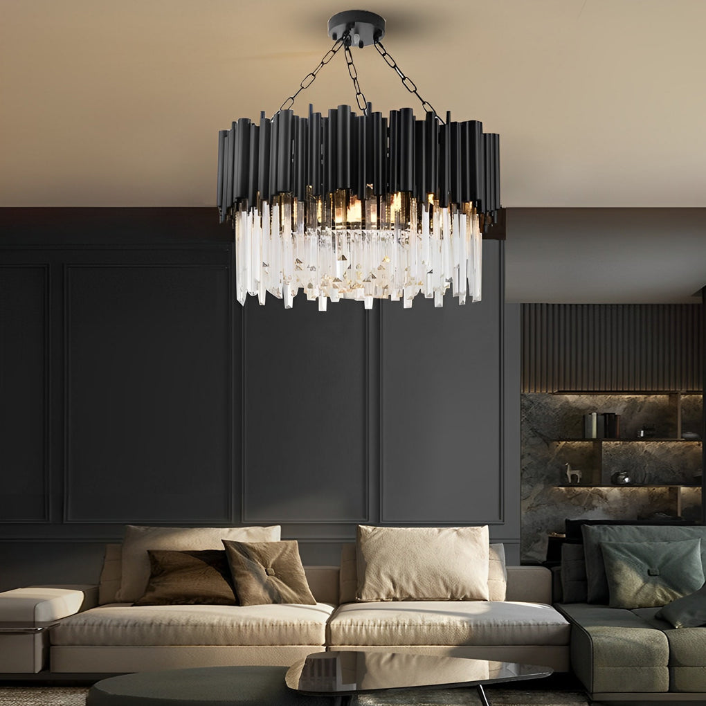 Modern Black Crystal Chandelier with Circular Metal Frame