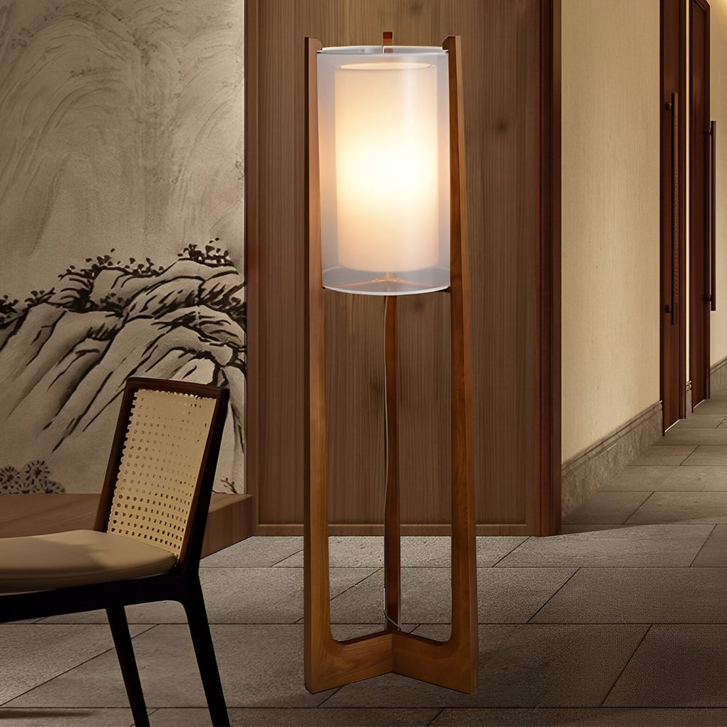 Rustic Wood Triangle Floor Lamp with Double Fabric Shade LED
