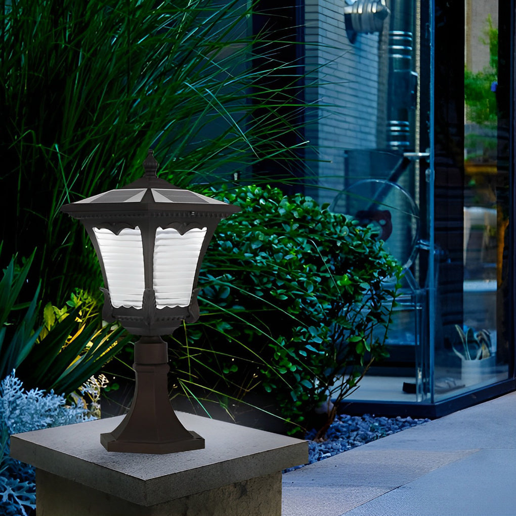 Vintage Solar LED Lawn Lamp with Ornate Top in Coffee Gold