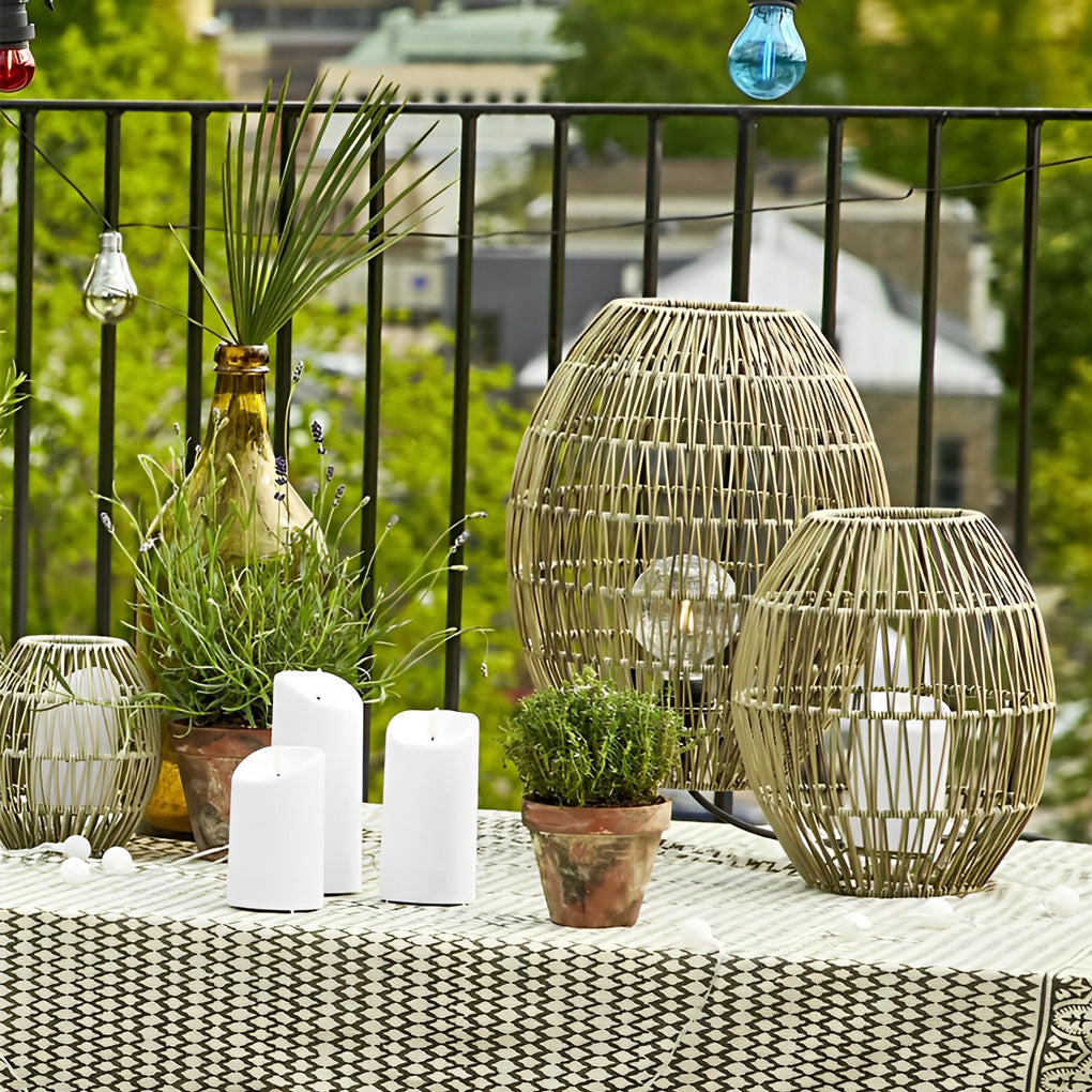 Handwoven Rattan Oval Cage Outdoor Floor Lamp - Rustic Modern