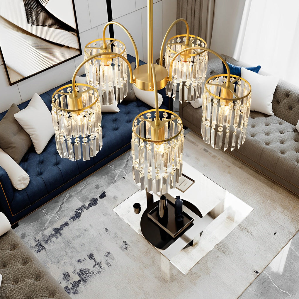 Crystal Shade Post-Modern Chandelier with Curved Arms - Gold Finish
